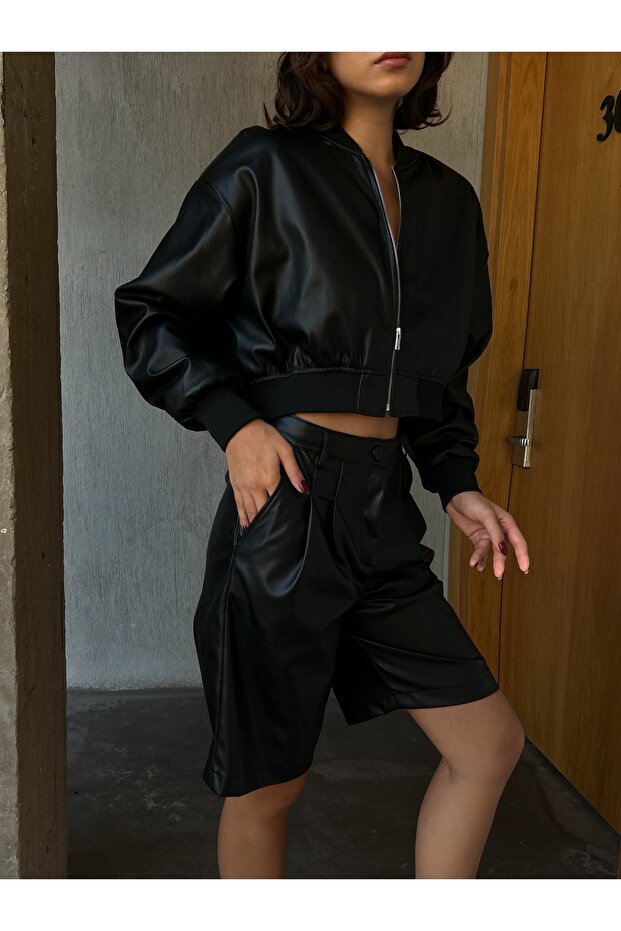 Kadın Siyah İçi Şardonlu Deri Bermuda Şort 28080 - 7