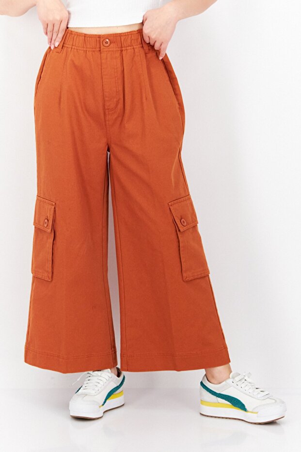 Women Regular Fit Wide Leg Plain Cropped Pants, Brown
