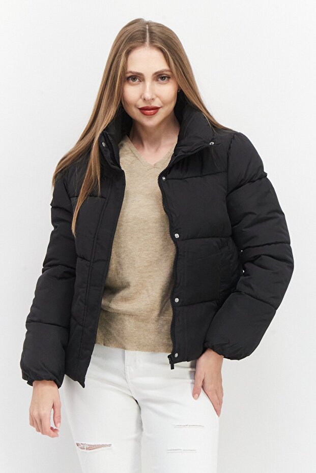 Women Solid Puffer Jacket, Black - 1