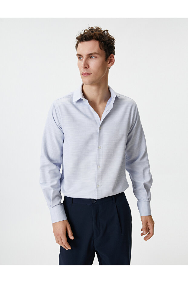 Slim Fit Shirt Half Italian Neckline Button Long Sleeve