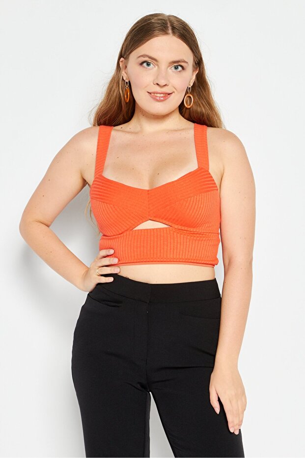 Women Diamond Neck Sleeveless Ribbed Cut Out Crop Top, Orange