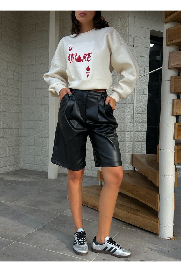 Kadın Siyah İçi Şardonlu Deri Bermuda Şort 28080 - 2