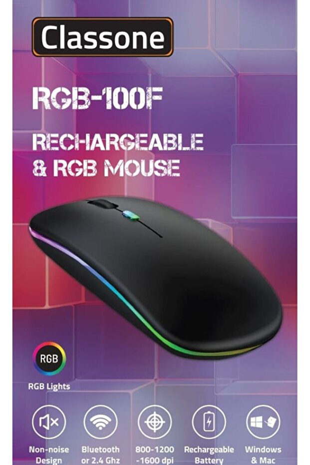 RGB-100F RGB Işıklı, Efektli, Silent-Sessiz,RF Kablosuz, Bluetooth Mouse - Siyah - 7