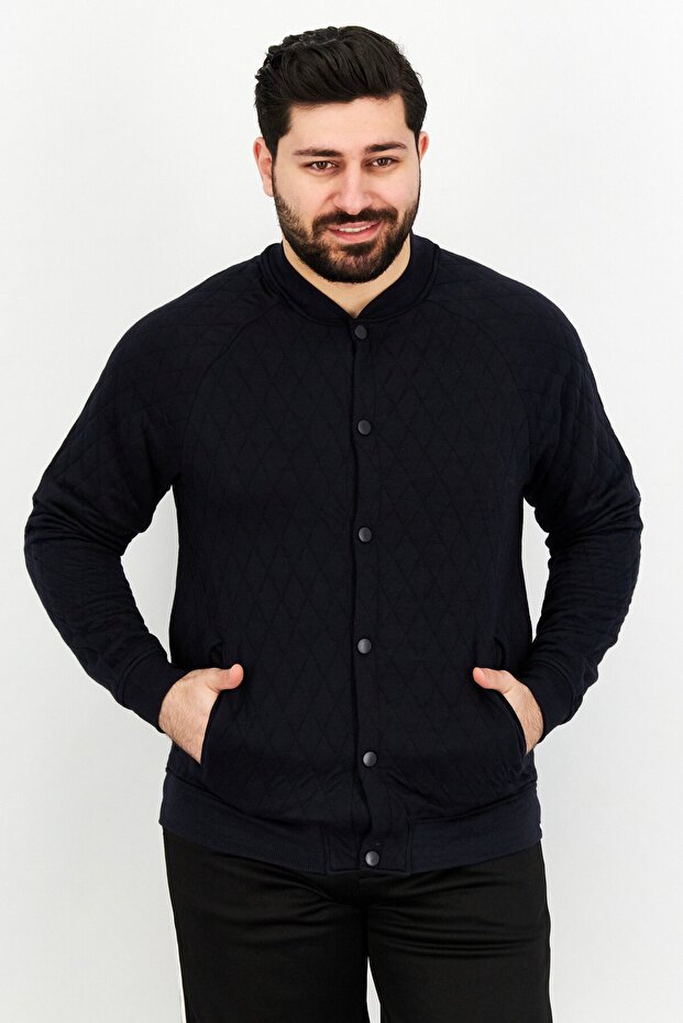 سترة رجالي بنمط ماسي وياقة شريطية، أزرق داكن - 1