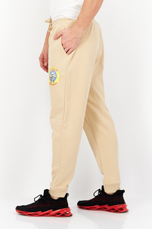 Men Drawstring Graphic Print Sweatpants, Beige - 4