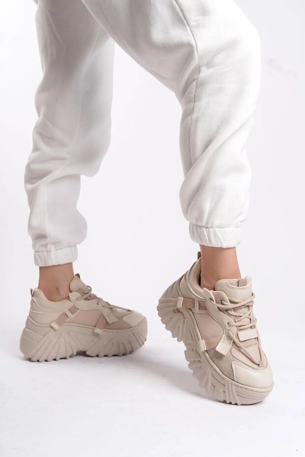 Lori Vegan Leather Beige Design Lace up High Sole Women's Sneakers Sp-153