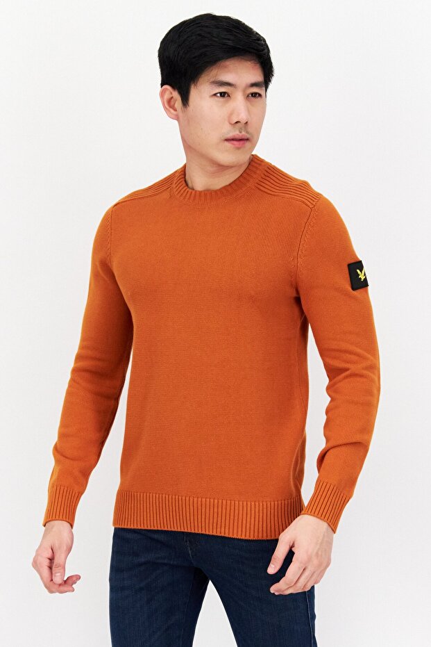 Men Crew Neck Knitted Long Sleeves Sweater, Burnt Orange