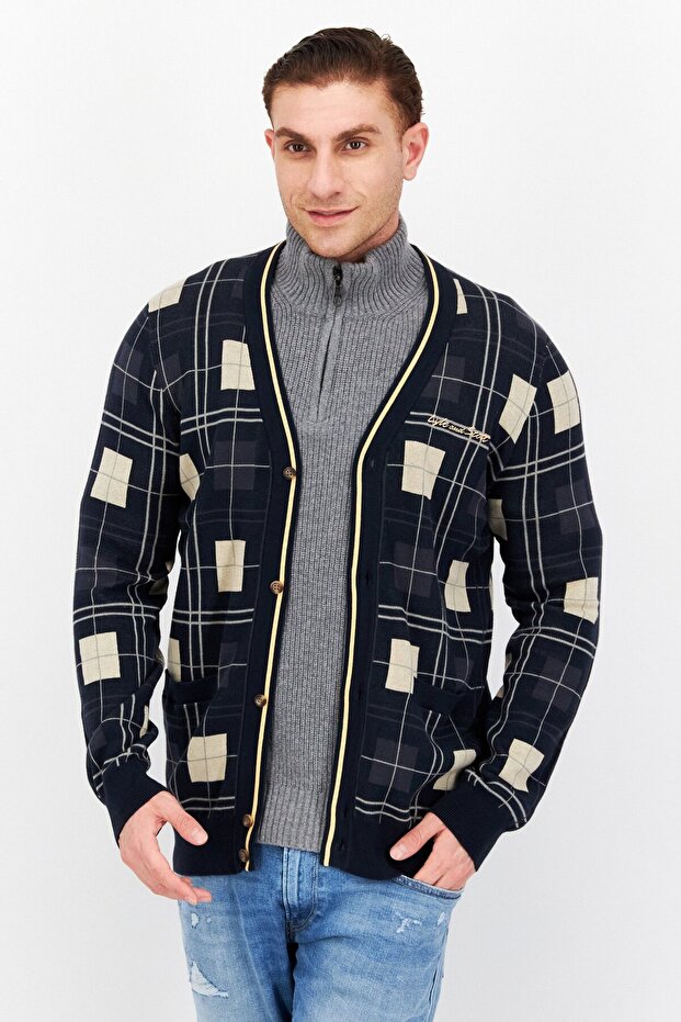 Men V Neck Long Sleeve Plaid Cardigan, Navy