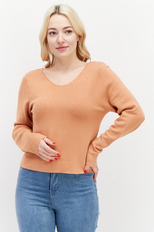 Women Scoop Neck Long Sleeve Textured Sweater, Toasted Camel