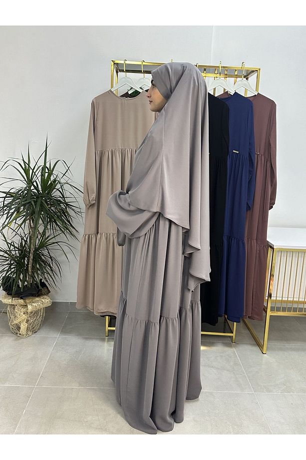 Ferace & Abaya SUFLE EŞARP ve İKİ KAT BÜZGÜLÜ ELBİSE TAKIM.HİJAB .hac Ve Umre Için Uygundur gri - 3