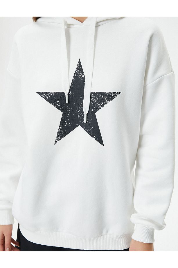 Şardonlu Oversize Kapşonlu Sweatshirt Yıldız Baskılı Uzun Kollu - 5