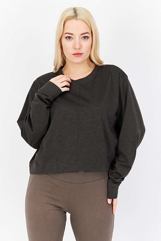 Women Sportswear Fit Long Sleeve Plain Training Sweatshirt, Charcoal
