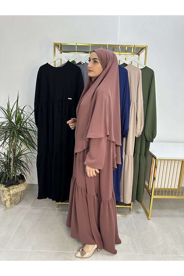 Ferace & Abaya SUFLE EŞARP ve İKİ KAT BÜZGÜLÜ ELBİSE TAKIM.HİJAB .hac Ve Umre Için Uygundur gül - 3