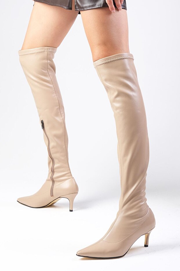 Latisha Skin Color Short Heeled Stretch Boots