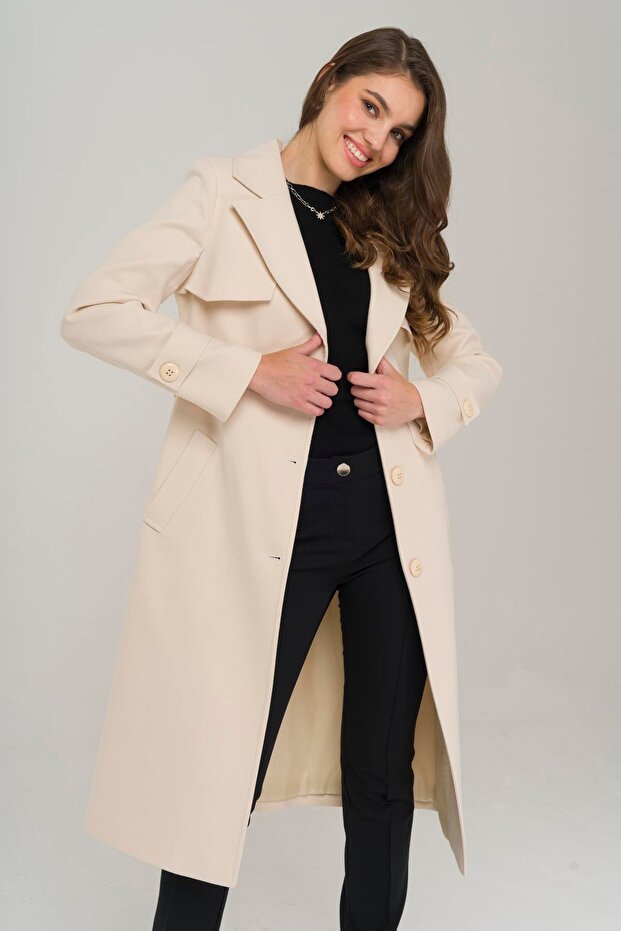 Cape Detailed Button Closure Belted Coat EKRU 3906