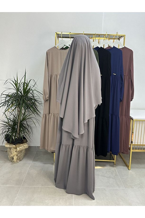 Ferace & Abaya SUFLE EŞARP ve İKİ KAT BÜZGÜLÜ ELBİSE TAKIM.HİJAB .hac Ve Umre Için Uygundur gri - 4