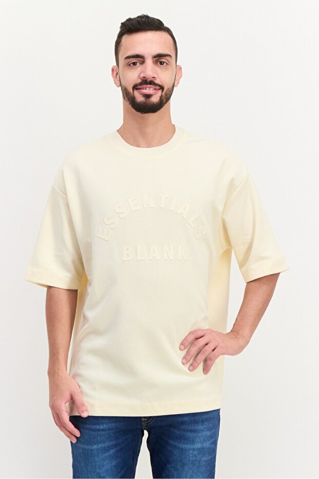 Men Crew Neck Short Sleeve Brand Logo T-Shirt, Beige