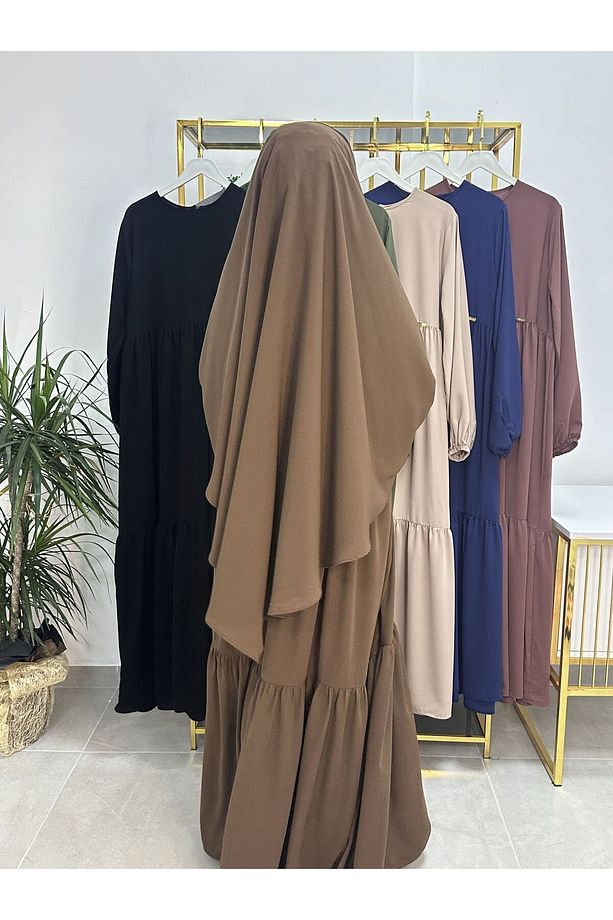 Ferace & Abaya SUFLE EŞARP ve İKİ KAT BÜZGÜLÜ ELBİSE TAKIM.HİJAB .hac Ve Umre Için Uygundur kahve - 4