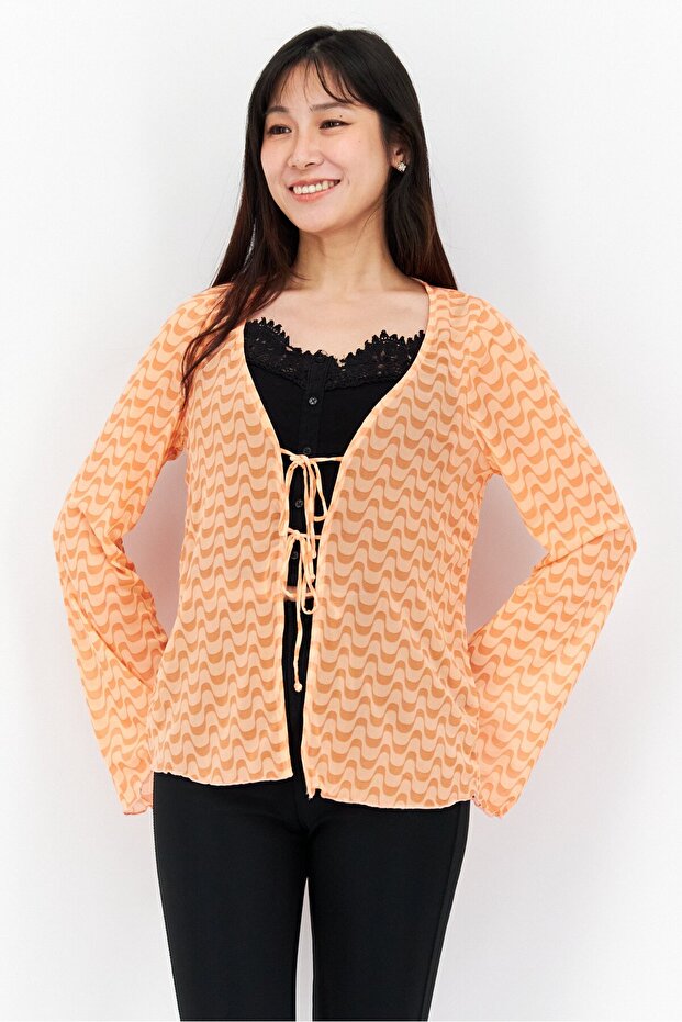 Women Abstract Long Sleeve Top, Orange