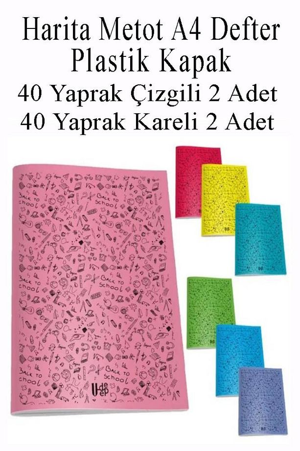 Defter Plastik Kapak A4 40 Yaprak Çizgili 2 Adet ve 40 Yaprak Kareli 2 Adet Harita Metod Defter - 2