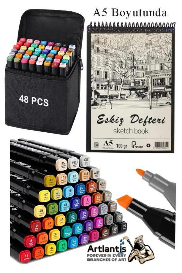 Eskiz Defteri A5 50 Yaprak 100 gr 1 Adet 48 Renk Çift Taraflı Marker Kalem 48 Adet Touch Çift Uçlu - 1
