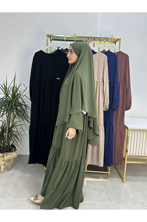 Ferace & Abaya SUFLE EŞARP ve İKİ KAT BÜZGÜLÜ ELBİSE TAKIM.HİJAB .hac Ve Umre Için Uygundur haki - 5