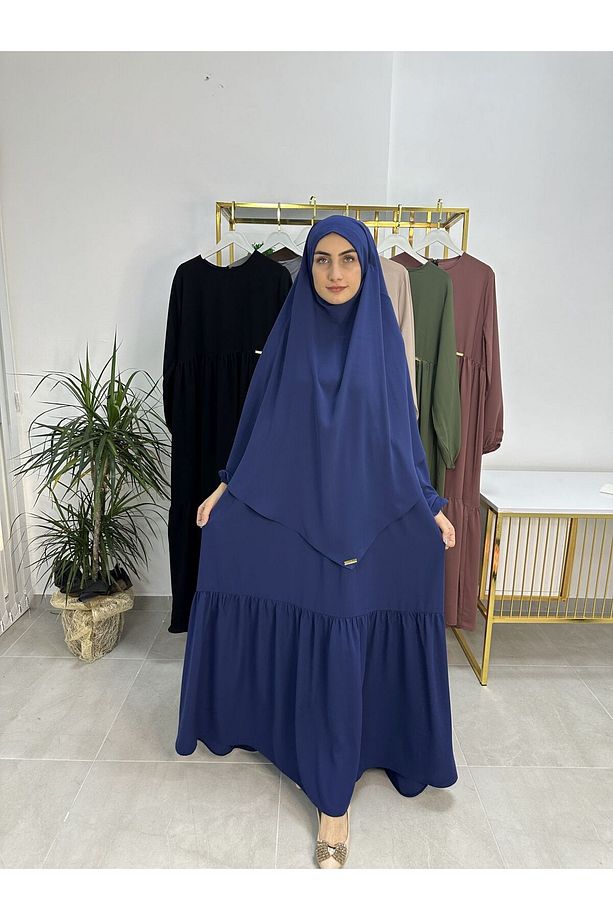 Ferace & Abaya SUFLE EŞARP ve İKİ KAT BÜZGÜLÜ ELBİSE TAKIM.HİJAB .hac Ve Umre Için Uygundur indigo - 1