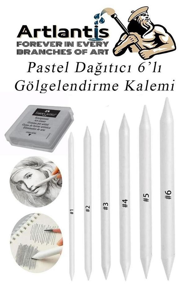 Pastel Dağıtıcı Gölgelendirme Kalemi 6 Lı 1 Paket Ve 1 Adet Hamur Silgi Kaynaştırma Kalemi Kara Kale - 1