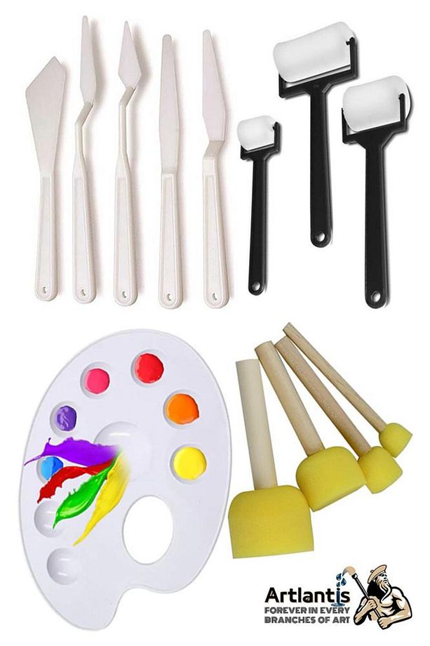 Palet Rulo Fırça Ponpon Fırça ve Plastik Spatula 4'lü Set 1 Paket Resim Hobi Sanat Etkinlik Resim Pa - 1