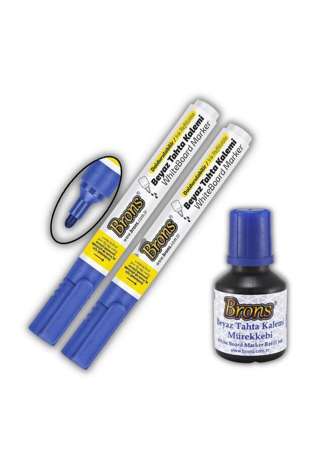Mavi Yazı Tahta Kalemi Doldurulabilir 2 Adet ve Silinebilir Mürekkep 30 ml 1 Adet Yazı Tahta K - 1