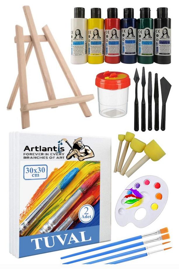 30x30 Tuval Seti 1 Paket Masa Üstü Şövale Monalisa Akrilik Boya Plastik Spatula Resim Fırçası Palet - 1