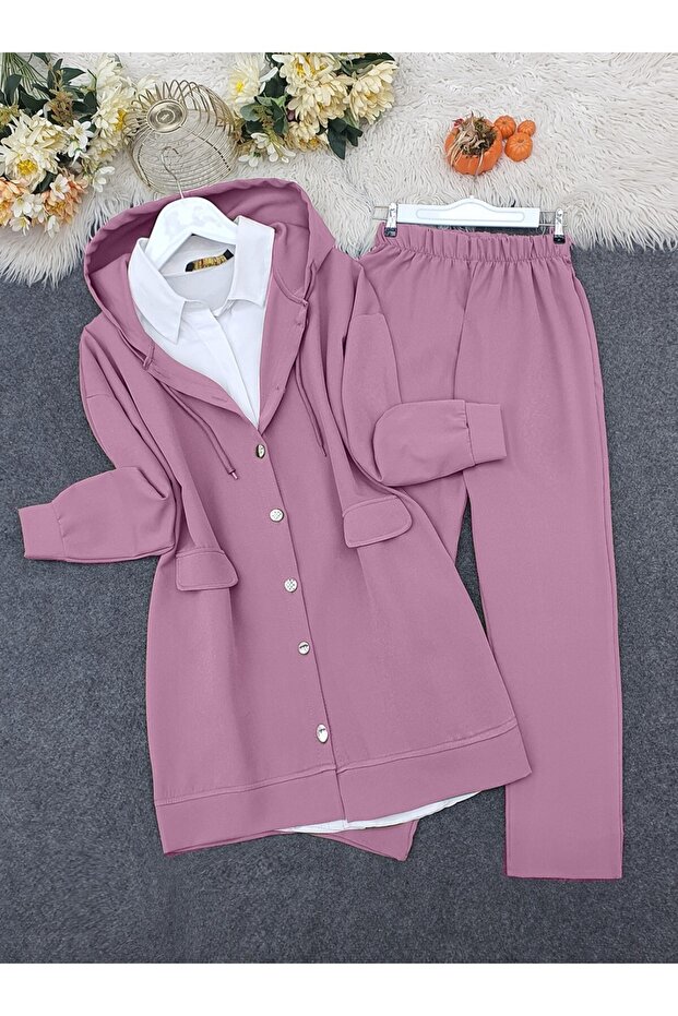 Hooded, covered, pocketed, trousers set - pink