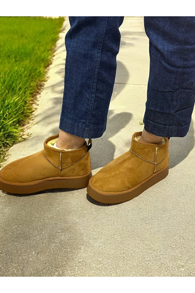 Kadın Taba Süet Yarım Bot Içi Peluşlu Kalın Taban Platformlu Ayakkabı Bot Bootie - 3