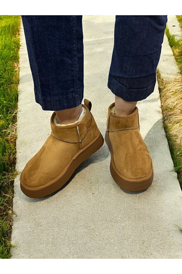 Kadın Taba Süet Yarım Bot Içi Peluşlu Kalın Taban Platformlu Ayakkabı Bot Bootie - 4