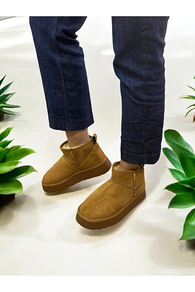 Kadın Taba Süet Yarım Bot Içi Peluşlu Kalın Taban Platformlu Ayakkabı Bot Bootie - 1