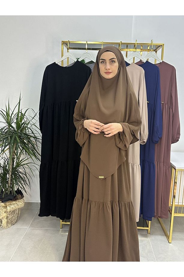 Ferace & Abaya SUFLE EŞARP ve İKİ KAT BÜZGÜLÜ ELBİSE TAKIM.HİJAB .hac Ve Umre Için Uygundur kahve - 6