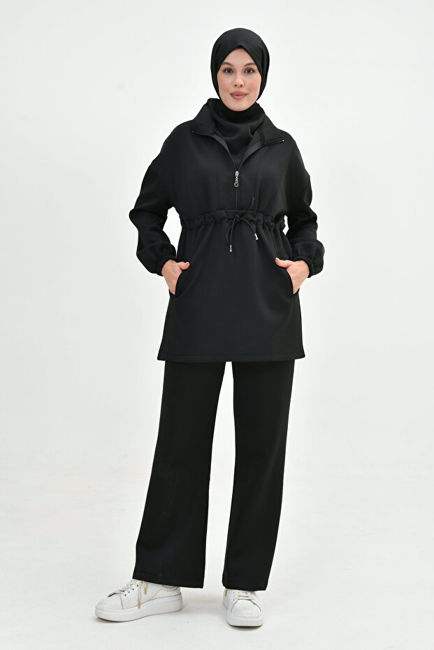 Scuba Fabric Black Hijab Set - Long Sleeve Sweatshirt and High Waist Pants 1024