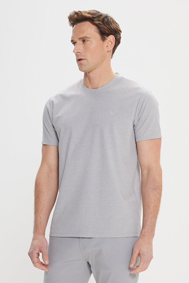 Erkek Gri Slim Fit Dar Kesim Bisiklet Yaka Pamuklu Tişört - 3