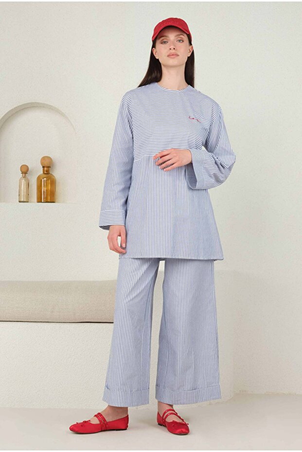 Poplin Çizgili Tunik Mavi - 3