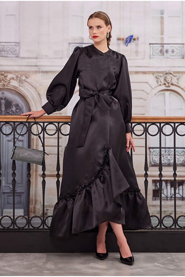 Fırfırlı Tafta Kaftan Siyah - 3
