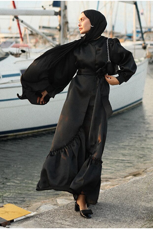 Fırfırlı Tafta Kaftan Siyah - 1
