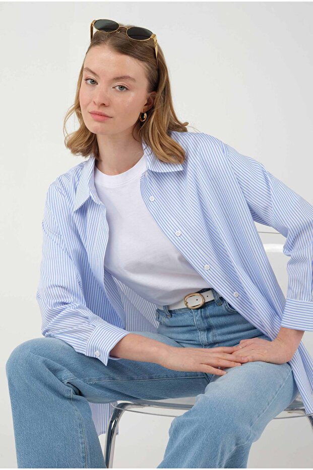 Çizgili Basic Gömlek Mavi - 1