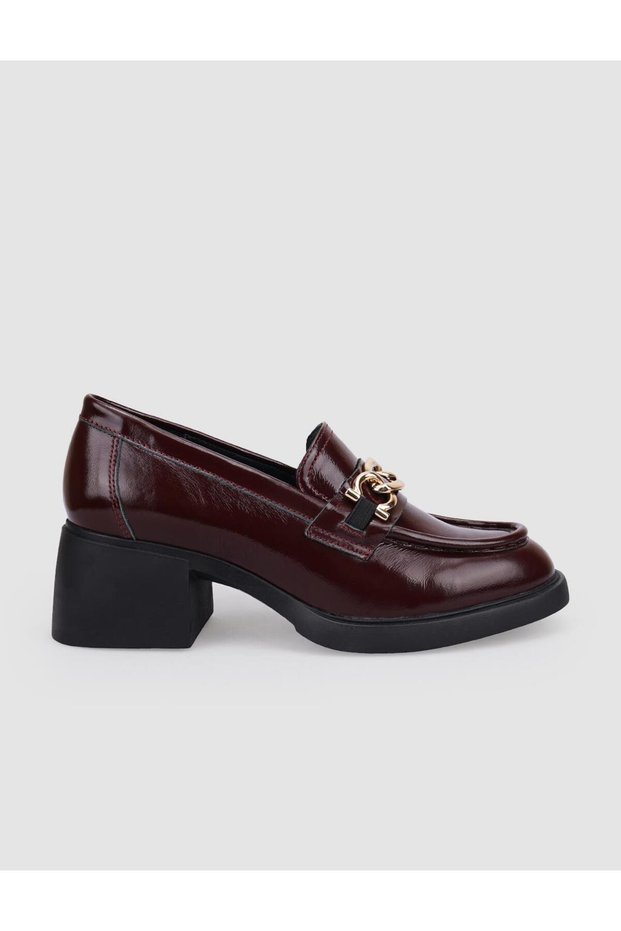 100% Genuine Leather Burgundy Patent Leather Buckle Women's Heeled Shoes