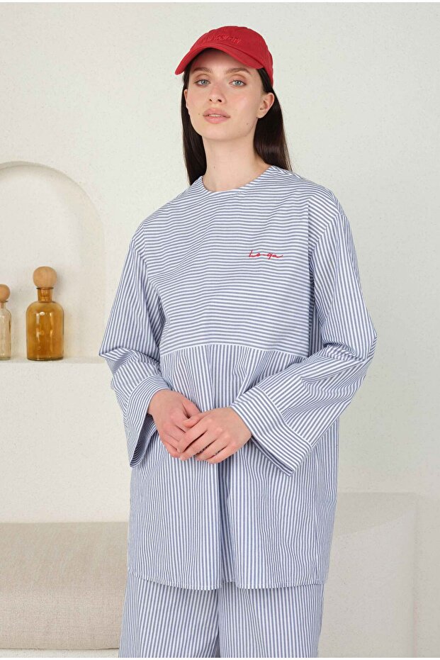 Poplin Çizgili Tunik Mavi - 6