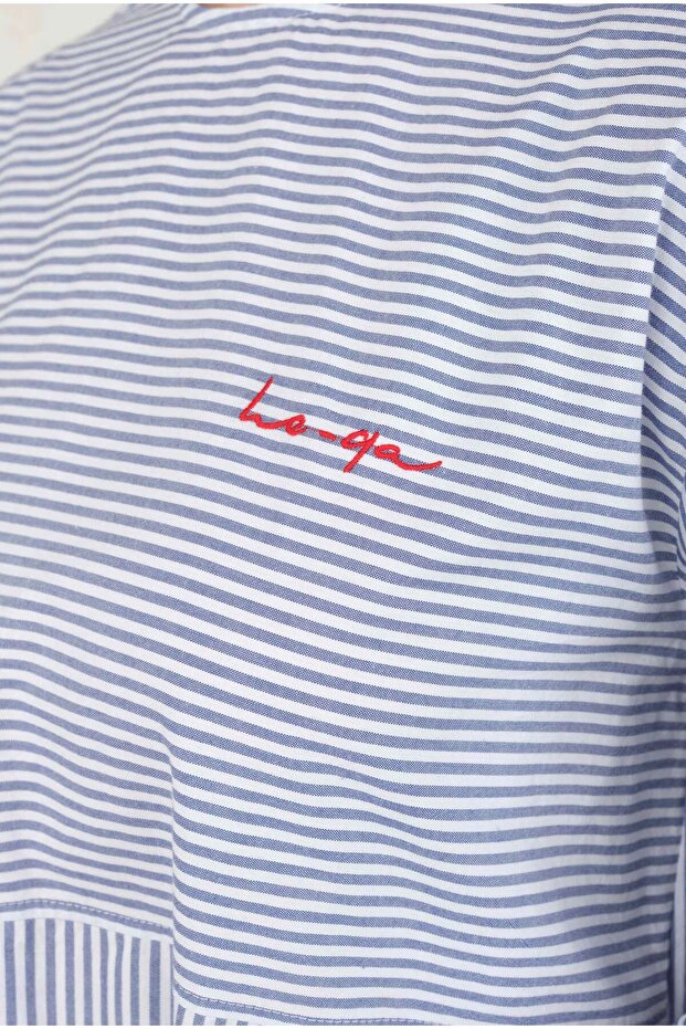 Poplin Çizgili Tunik Mavi - 7