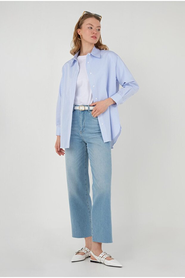 Çizgili Basic Gömlek Mavi - 4