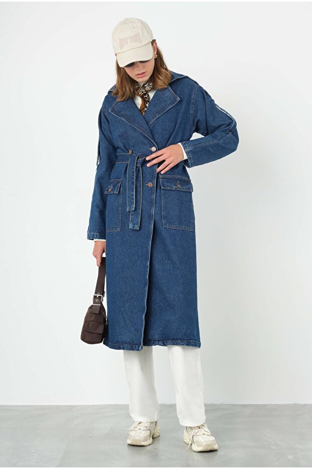 Denim Trençkot Uzun Mavi - 8