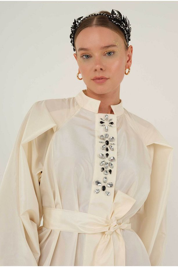 Taş Işlemeli Kaftan Ekru - 6