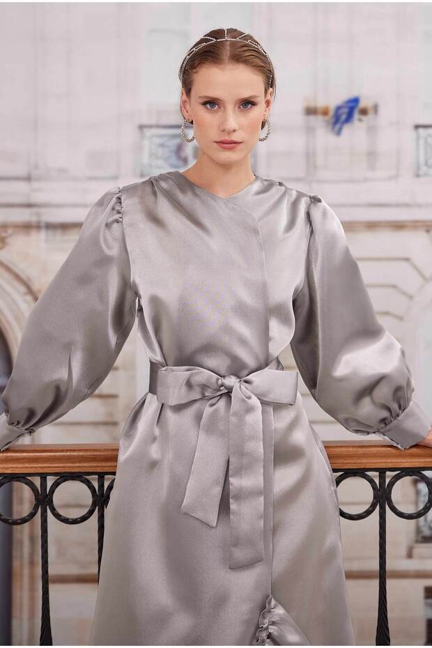 Fırfırlı Tafta Kaftan Açık Gri - 4