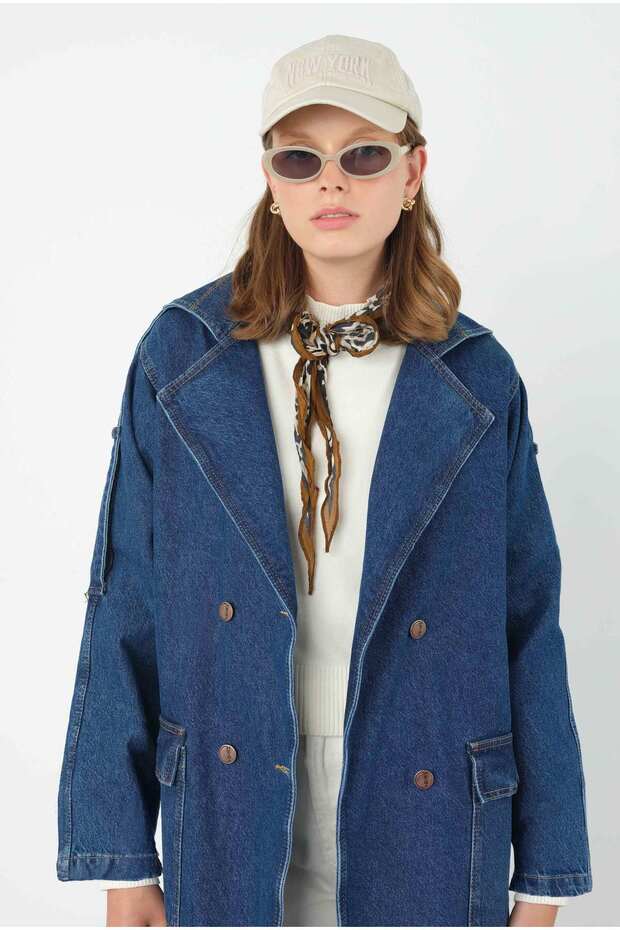 Denim Trençkot Uzun Mavi - 3